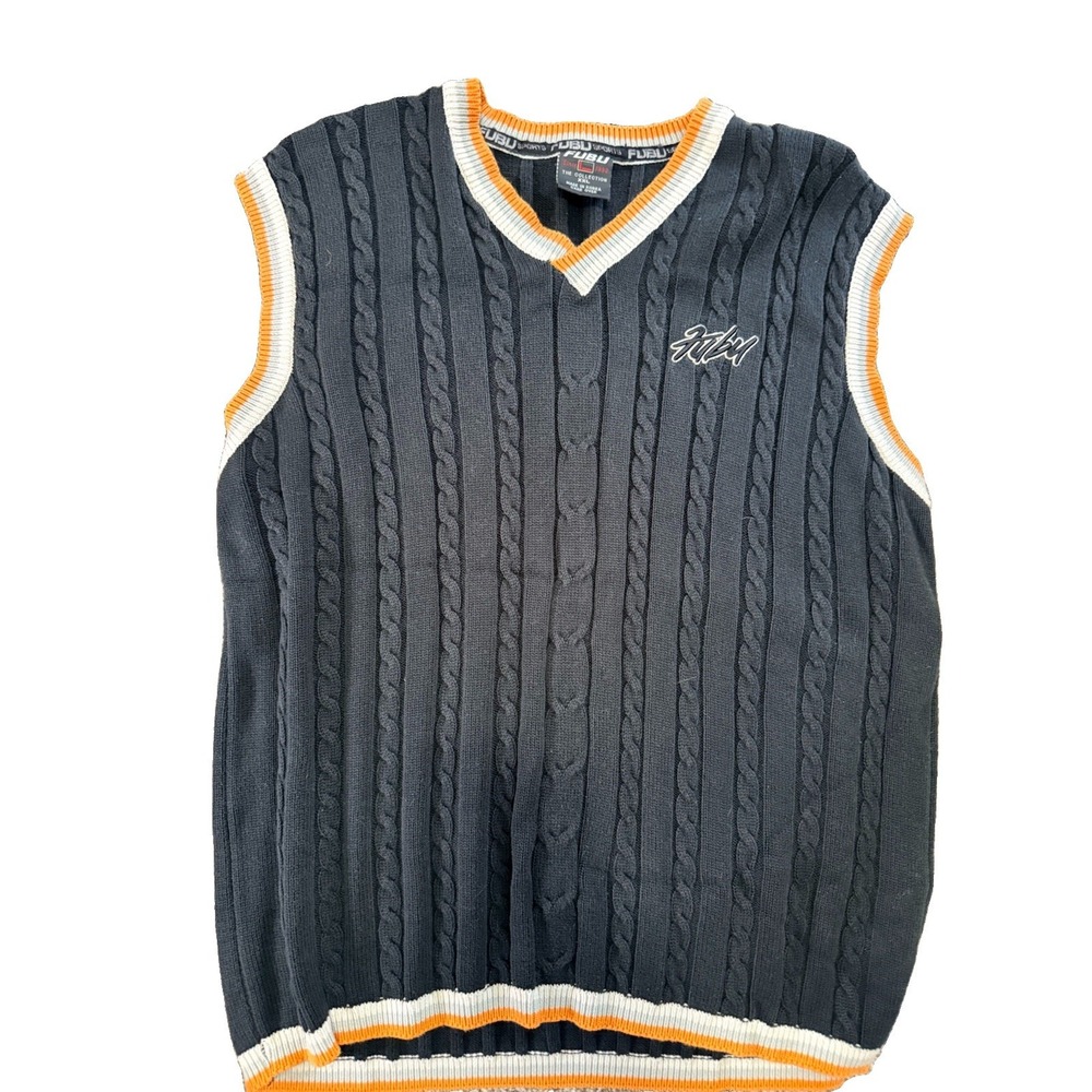 Vintage FUBU Sports Cable Knit Sweater Vest Mens XXL Black  V Neck Y2K Logo